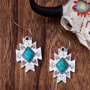 Vintage Distressed Western Carved Turquoise Inlaid Earrings